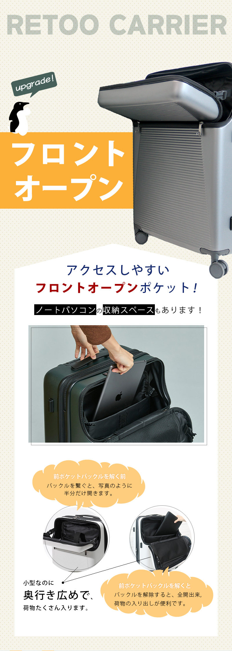 【Retoo公式】スーツケース Mサイズ フロントオープン PC材質 24インチ 71L 安い 軽量 おすすめ かわいい 女子旅 おしゃれ  海外 全国 旅行支援 旅行 出張バック キャリーケース 送料無料 RETOO公式