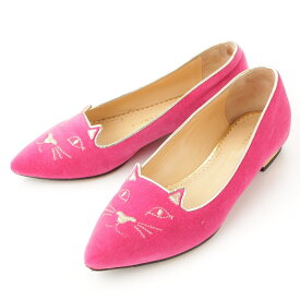 【シャーロット オリンピア】Charlotte Olympia　キティ ベロア バレリーナ フラットシューズ ピンク 34 1/2 【中古】【鑑定済・正規品保証】61338