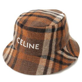 【セリーヌ】Celine　ロゴ チェック ウール バケットハット 帽子 ブラウン S 【中古】【鑑定済・正規品保証】174285