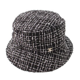 【シャネル】Chanel　ココマーク コットン ツイード バスケットハット 帽子 ブラック×ホワイト M 【中古】【鑑定済・正規品保証】208901
