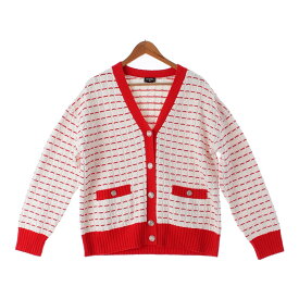 シャネル CHANEL 23SS コットン ラインストーン ビジューボタン 長袖 ニット カーディガン トップス P74152 ホワイト レッド 38【中古】【正規品保証】