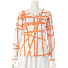 エルメス HERMES コットン ボルデュック リボン柄 ロゴ カットソー 長袖Tシャツ ホワイト × オレンジ【中古】【正規品保証】