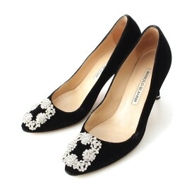 マノロブラニク MANOLO BLAHNIK ベロア ハンギシ クリスタル ビジュー パンプス シューズ ブラック 36【中古】【正規品保証】