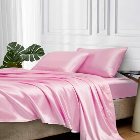 MR&HM サテンベッドシーツ キングサイズシーツセット シルクのような寝具4点セット マットレス用深さ15インチのポケット付き (キング、ピンク)