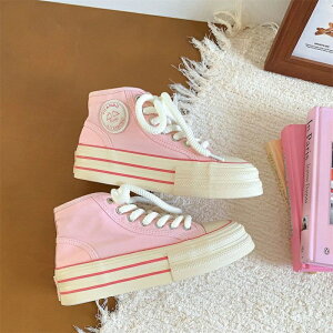 新作 厚底 スニーカー ハイカット ズック靴 レディース 靴 韓国 フラットシューズ 厚底シューズ 流行り 快適 百掛け