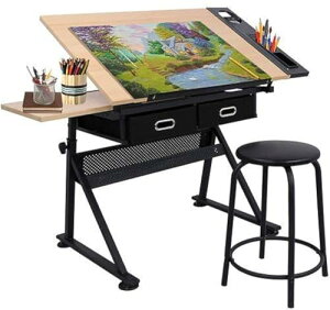 MDF???????? Tiltable TabletopH??art-hobby Table with Stool and Drawers for Writing??H?Work Station