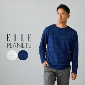 ロングTシャツ メンズ カットソー 春 夏 秋 ELLE PLANETE ブランド エルプラネット ジャガード織 大人カジュアル 個性的 上品 高級感 シンプル ウィンドペン 格子柄 オフホワイト/ネイビー M/L/LL あす楽