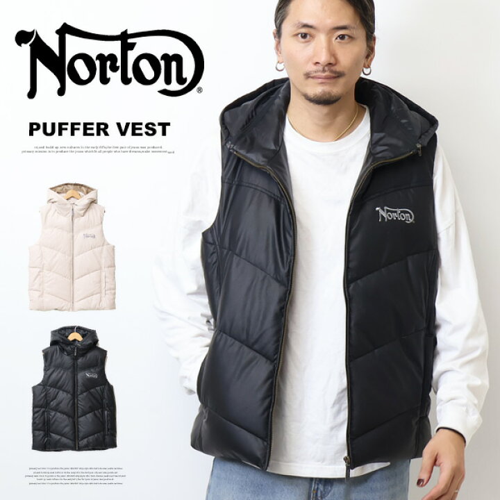 楽天市場】Norton ノートン フェイクレザー フード脱着 中綿ベスト 