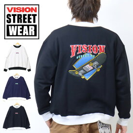 VISION STREET WEAR ビジョンストリートウェアー 3305010 スケボー刺繍 リンガー スウェットシャツ 裏毛 トレーナー ビッグシルエット メンズ レディース ユニセックス 送料無料