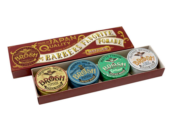 楽天市場】ブロッシュ ポマード 4個セット ミニ 40g 水性 オリジナル 無香料 クレイ ファイバー BROSH mini POMADE “Gift Set” 4STYLES 整髪料 日本製 ワックス スタイリング剤 グリース : REZAR 楽天市場】ブロッシュ ポマード 4個セット ミニ 40g 水性 オリジナル 無香料 クレイ ファイバー BROSH mini POMADE “Gift Set” 4STYLES 整髪料 日本製 ワックス スタイリング剤 グリース : REZAR