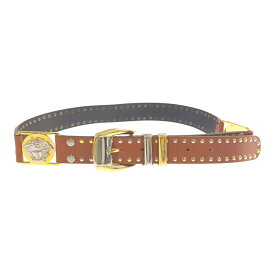 VERSACE ヴェルサーチ メデューサ バックル スタッズ レザーベルト/ブラウン/ユニセックス/ロゴ/ヴィンテージ調/イタリア製【♀】【B】【レディース】/b250702★■582993【中古】