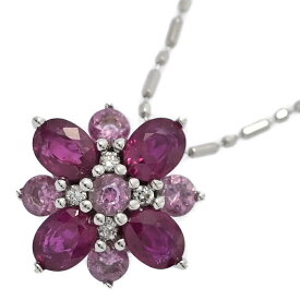 RU0.64ct/FD:0.3ct/フラワーモチーフ・ルビー/ピンクサファイア/ダイヤモンド/ネックレス・ペンダント/K18WG/750-3.0g/プレゼント【♀】【S】【レディース】/h251208★■598047【中古】