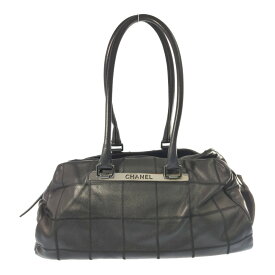 CHANEL シャネル チョコバー ミニボストンバッグ/ブラック ロゴプレート レザー ハンドバッグ【オールシーズン】【♀】【B】【レディース】/b260211★■605635【中古】