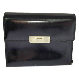 PRADA プラダ コーティングレザー ロゴプレート 2つ折り財布 ウォレット ブラック 【C】【メンズ・レディース】/b260313★■608568【中古】