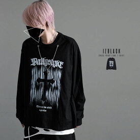 "izBLACK【イズブラック】クロスチャーム付きチェーンデザインロンT/全1色"【あす楽対応】ロンT Tシャツ 長袖Tシャツ tee 地雷系 サブカル系 Y2K ピープス系 ゴシック ヴィジュアル系 V系 メンヘラ 病み メンズ レディース 黒 ブラック 白 ファッション 服 原宿系