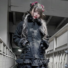 "ililil【イルイルイル】地雷ちゃんもY2Kしちゃうぞコート/全1色"コート ジャケット アウター 上着 ハイネック ツイル フェイクファー 防寒 長袖 レース フリル ベルト レディース 地雷 サブカル 量産型 メンヘラ 黒 ブラック グランジゴシック フード Y3K 春秋冬