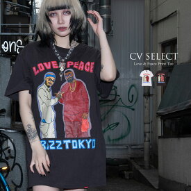 "CV Select【シーブイセレクト】ラブ&ピースプリントクルーネック半袖Tシャツ/全2色 "Tシャツ RAZZIS ラズ 半袖Tシャツ トップス メンズ レディース V系 地雷系 メンヘラ サブカル系 プリント トップス 病み 送料無料 ブラック 白 黒