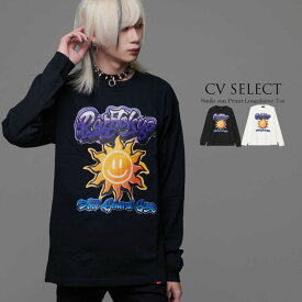 "CV Select【シーブイセレクト】スマイル太陽プリントクルーネック長袖Tシャツ/全2色"【あす楽対応】長袖Tシャツ トップス カットソー 太陽 プリント スマイル 春 春服 送料無料 M L XL ホワイト ブラック 黒 ユニセックス