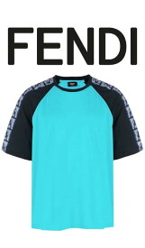 FENDI(フェンディ)Tシャツ【青/ブルー/水色】【メンズ】【FAF679-AN5Y】【2023年春夏新作】【ロゴ】【切り返し】【袖プリント】