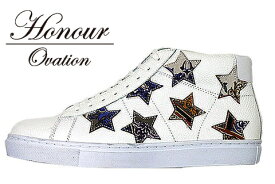 Honour Ovation(アナーオベーション)ハイカットSTARデザインスニーカー【メンズ】【白/ホワイト】【White/Purplepattern】【3070】【雑誌OCEANS・WOOFIN' 掲載ブランド】【紫/パープル】【星】【シューズ/ブーツ】【メンズ】【送料無料】