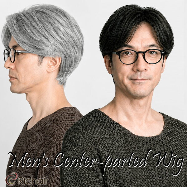 【スーパーSALE価格】メンズフルウィッグ センター分けショートウィッグ（メンズ かつら 男性用 ウイッグ 医療用 ショートヘアー 真ん中分け 白髪 グレーヘアー グレイヘアー）