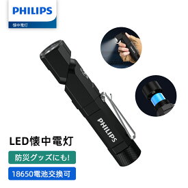 Philips (フィリップス) ledライト 小型 懐中電灯 強力 フラッシュライト 1000ルーメン 高輝度 Type-C充電式 IP68防水 防塵 首振り 作業灯 フェーズフリー【90°回転/18650電池交換可/クリップ付/マグネット/低電量提示】L字 L型 胸ライト