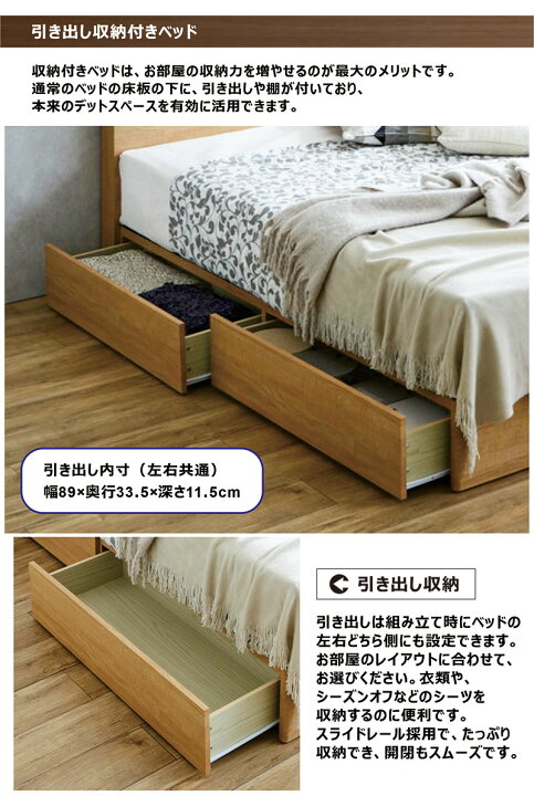 楽天市場】ダブルベッド フレーム 収納付き 引き出し すのこ 宮付き 大 