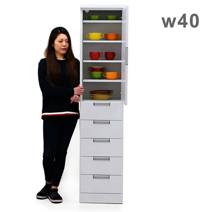 楽天市場】食器棚 薄型 スリム 幅40 キッチン 隙間収納 40cm カップボード 完成品 白 すきま収納 隙間家具 キッチン収納棚 引き出し 板戸収納 大容量収納 ホワイト 光沢 艶 一人暮らし 清潔感 シンプル おしゃれ 大川家具 国産 省スペース : モダン インテリア リック