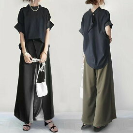 セットアップレディース夏服トップスブラウス半袖ドルマンスリーブプルオーバー黒ボトムズワイドパンツバイカラー切替大人40代50代上下セットきれいめ大人セットアップカジュアルお出かけ日常デート送料無料ブラウスパンツ夏セット大人カジュアル
