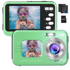 HICSHON デジタルカメラ デジカメ 4K 水中カメラ 防水カメラ オートフォーカス IP68防水 64GBカード付属 4800万画素 自撮りカメラ デュアルスクリーン 16倍デジタルズーム コンパクト 水中3.5Mまで(グリーン)