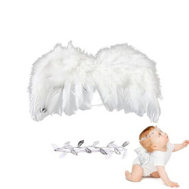 [TIDYWORM] 天使の羽 赤ちゃん 2点セット 可愛い 天使の翼 ヘアバンド ハーフバースデー 寝相アート 衣装 コスチューム ベビー 新生児 コスプレ ニューボーンフォト 舞台 写真撮影 (白)