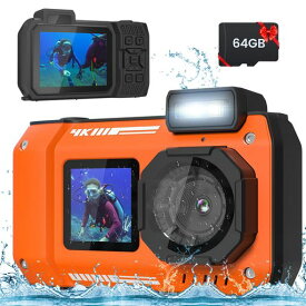 4K 水中カメラ 33フィート 防水カメラ 65MP オートフォーカス 自撮り デュアルスクリーン 水中カメラ シュノーケリング用 防水 コンパクト フローティングデジタルカメラ 64GBカード付き (オレンジ)