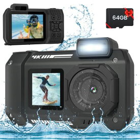 4K 水中カメラ 33フィート 防水カメラ 65MP オートフォーカス 自撮り デュアルスクリーン 水中カメラ シュノーケリング用 防水 コンパクト フローティングデジタルカメラ 64GBカード付き (ブラック)