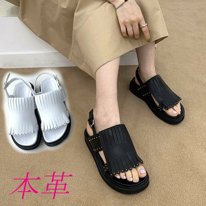 楽天市場 本革 サンダル レディース 厚底 フラット ストラップ 黒 白 ブラック ホワイト スタッズ 厚底サンダル おしゃれサンダル カジュアル マニッシュ メンズライク Rilla By Uni