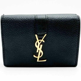 YVES SAINT LAURENT イヴ・サンローラン 三つ折り財布 財布 ミニウォレット ロゴ ブラック ゴールド レザー レディース メンズ 小物 USED 【中古】