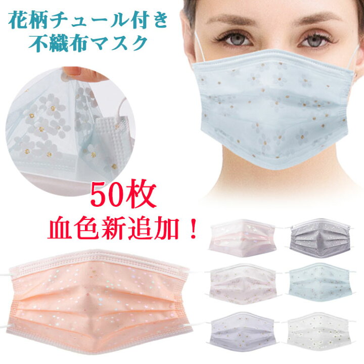 楽天市場 血色新追加 マスク 不織布 花柄 50枚 チュール付き マスク 4層構造 不織布マスク チュールマスク 使い捨て マスク 不織布 カラー 可愛いマスク 桜柄 保護マスク 大人用 夏用マスク Uvカット ウイルス対策 花粉症対策 通気性 防塵 風邪 通学 通勤 リンゴ８