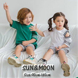 韓国子供服　オフショルダー　ライン　Tシャツ　女の子　男の子　ロンT　子ども服　半袖シャツ　キッズシャツ　Sun&Moon【韓国こども服　ダンス　衣装】肩だし ゆるtシャツ　ワンショルダー　90cm100cm110cm120cm　チュニック 緑　グリーン　白　ホワイト