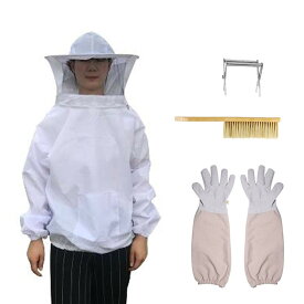 養蜂用具 4点/セット 養蜂器具 蜂防護服ベール、ジャケット、手袋、ミツバチの巣箱ブラシ，ミツバチクリップ付き 養蜂ジャケット 養蜂保護スーツ ハチ 防護服 養蜂用品 採蜜ツール 取り外し可能 養蜂ジャケット 通気性 養蜂家 虫よけメッシュパーカー フリ