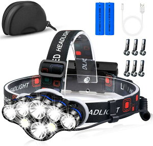 ヘッドライト LEDヘッドランプ 18000ルーメン 8 LED USB充電 防水 赤＆白ライト 8種モード
