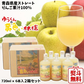 父の日 ギフト 青森県産 りんごジュース ストレート果汁100％ ゆうくんの黄色い林檎 瓶720ml 6本入 お得な2箱セット 送料無料 包装無料 熨斗無料 まとめ買い 贈答 贈り物 お祝い お礼 慶事 弔事 熨斗 王林 トキ こだわりブレンド りんご本来の味