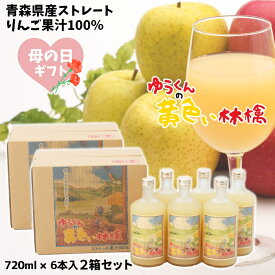 母の日 ギフト 青森県産 りんごジュース ストレート 果汁 100％ ゆうくんの黄色い林檎 瓶720ml×6本入 お得な2箱セット 送料無料 包装無料 熨斗無料 まとめ買い 贈答 贈り物 お礼 慶事 弔事 熨斗 王林 トキ こだわりブレンド りんご本来の味