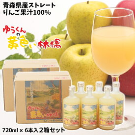 ギフト 青森県産 りんごジュース ストレート 果汁 100％ ゆうくんの黄色い林檎 瓶720ml×6本入 お得な2箱セット 送料無料 包装無料 熨斗無料 贈答 贈り物 慶事 弔事 熨斗 王林 トキ こだわりブレンド りんご本来の味