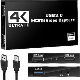 4K HDMI キャプチャーボード パススルー 1080P 60FPS USB3.0 ゲームキャプチャー ビデオ フルHD 60Hz ビデオキャプチャー ゲーム実況生配信、会議、ライブビデオ配信、画面共有、録画に適用 Switch、Xbox One、OBS