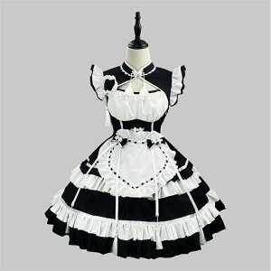 メイド服 中華風 Lolita 裾フリル 黒 赤 白 中国風 大きいサイズ 個性的 レディース メイド メイドドレス フリル メイドカフェ 仮装 出し物 ガーリー ハロウィン衣装 コスチューム cos ロリータ