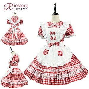 メイド服 チェック柄 裾フリル 萌え Lolita 赤 白 ワンピース レース 大きいサイズ パフスリーブ レディース イベント 個性的 コスプレ ガーリー 可愛い メイドカフェ ロリータ コスチューム