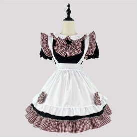 メイド服 ワンピース チェック柄 黒 白 リボン パフスリーブ 裾フリル 蝶タイ ロリータ レディース Lolita 萌え 大きいサイズ メイドカフェ イベント ガーリー 可愛い 個性的 ハロウィン衣装 出し物 エプロン 仮装 コスプレ コスチューム メイドドレス 文化祭 喫茶店 学園祭