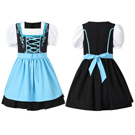 ハロウィン衣装 子供 半袖 膝丈 ワンピース メイド服 コスプレ 仮装 コスチューム 文化祭 パーティー エプロン ビール祭り ウェイター 4色 変装 農場 牧場 荘園 女の子 可愛い 演出服