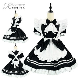 メイド服 裾フリル ワンピース Lolita 黒 白 萌え 大きいサイズ セット リボン パフスリーブ レディース コスチューム 出し物 コスプレ 個性的 可愛い イベント 半袖 ガーリー 仮装 メイドドレ
