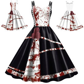 ハロウィン 衣装 ドレス レディース ワンピース 夏 ドレス 白 赤 仮装 ハロウィン衣装 Halloween party dress 膝丈ドレス キャミソール コスプレ 大きい裾ドレス ハロウィン元素 イベント衣装 細身ドレス S-XXL 2色