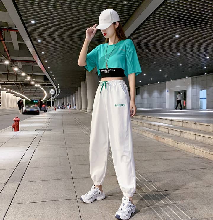 L パンツ ストリート ファッション スポーツ カジュアル 韓国 ダンス 緑